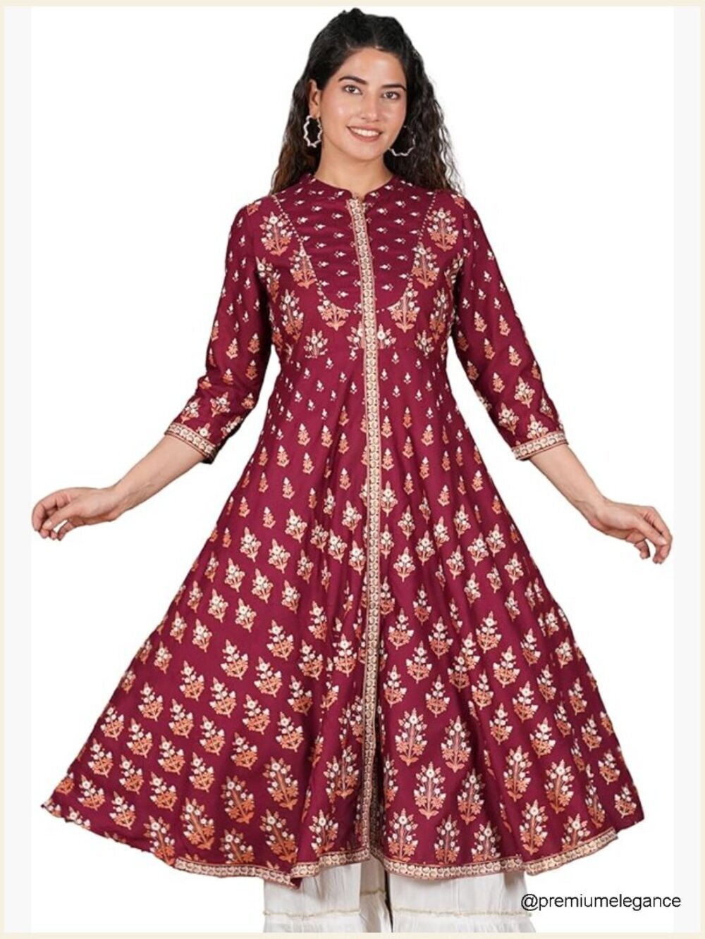 Floral Print Anarkali Kurti with Mandarin Collar